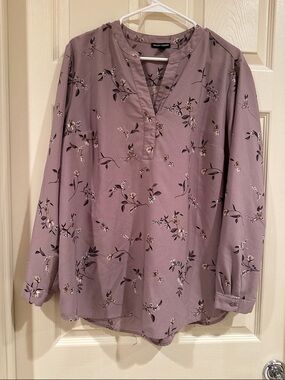 Hilary Radley Lavender Floral Split V-Neck Blouse